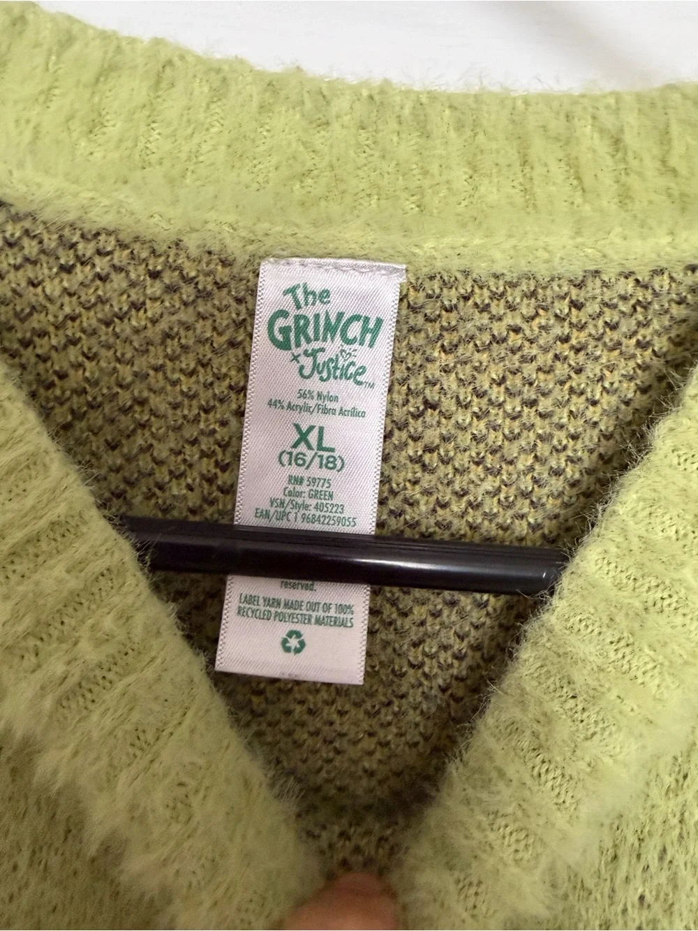 Justice Green Grinch Face Graphic Sweater